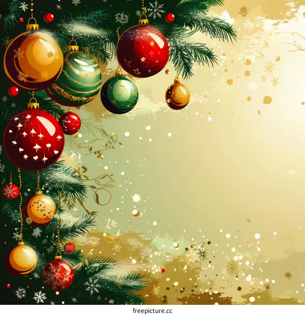 Christmas ornaments hanging on a Christmas tree with a gold background