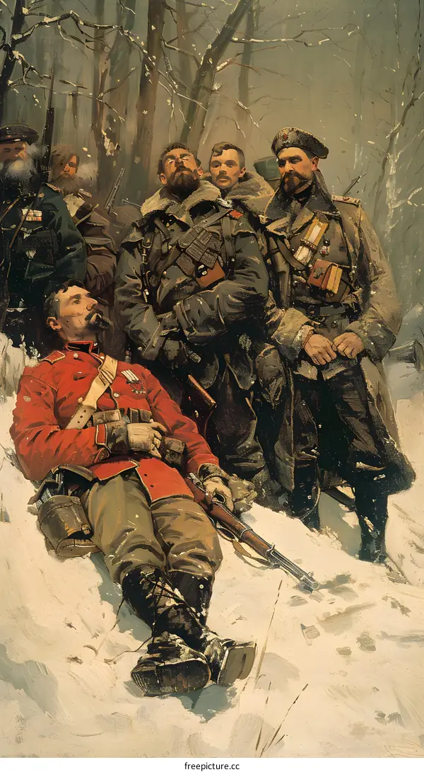 The painting shows a group of soldiers in the snow. A soldier in red uniform is lying on the ground, while the others are standing and looking at him.