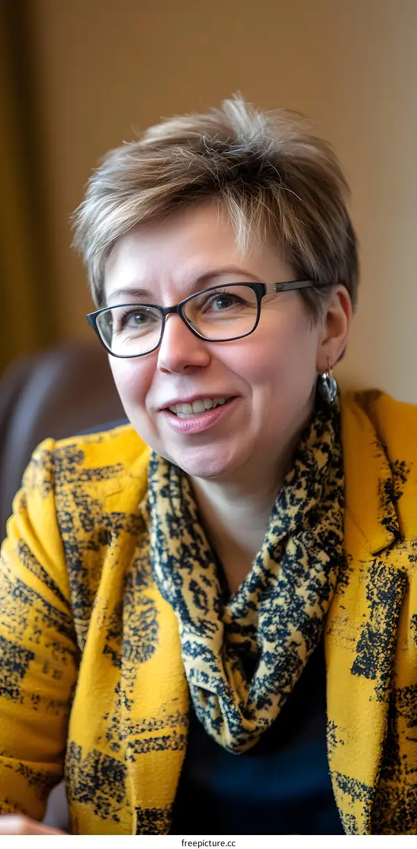 Portrait of a Woman with Short Blonde Hair Wearing Glasses and a Yellow Blazer