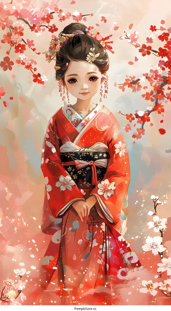 A beautiful Japanese girl with long black hair wearing a red kimono standing in a field of cherry blossoms.