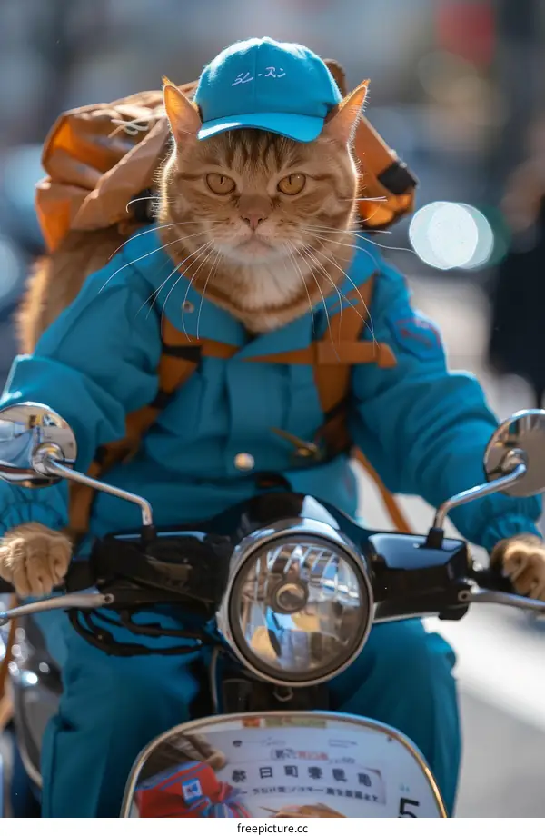 A cat in a blue uniform and cap delivers packages on a motorcycle