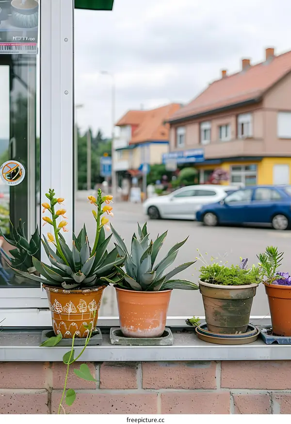 Potted Plants On Brick Wall With Blurred Background Of Town