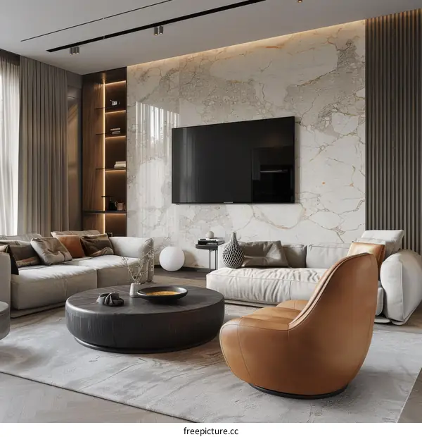 Modern White Sofa and Marble Wall in Living Room