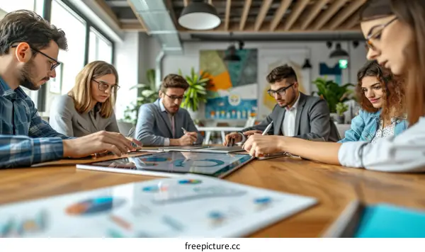 A group of people are sitting around a table having a meeting.
