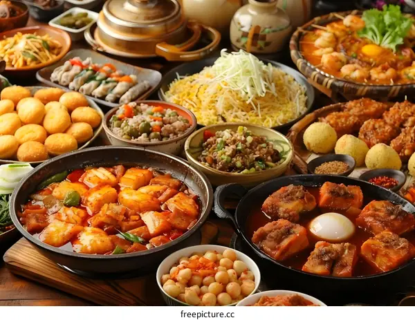 Various Dishes of Asian Cuisine on Wooden Table