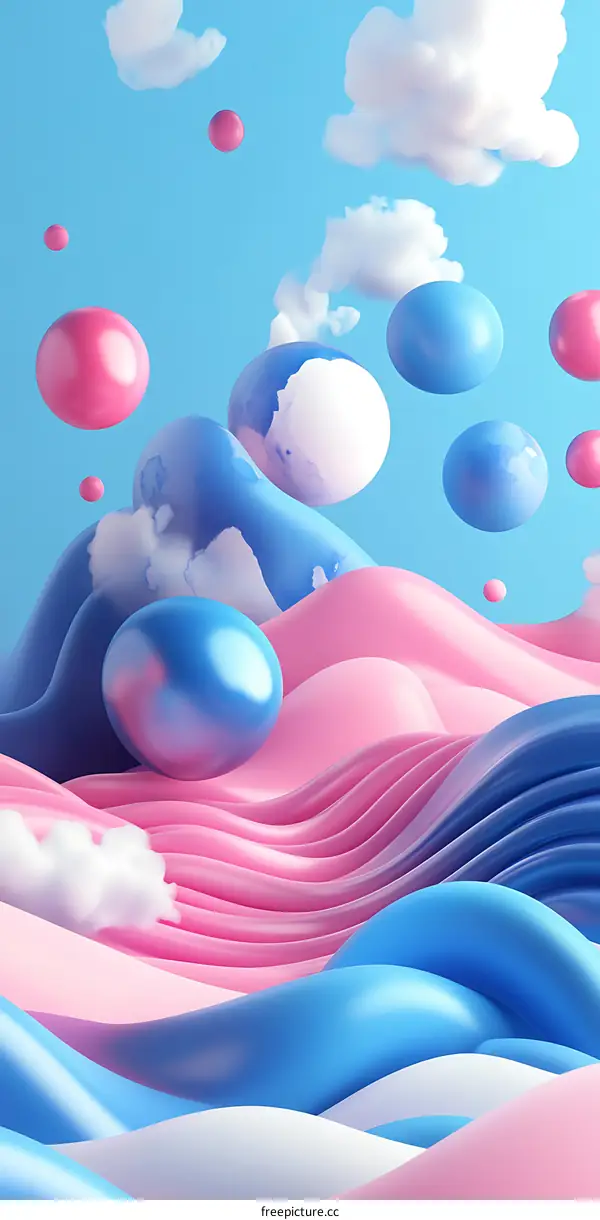 Abstract 3D Rendering Of Blue Pink And White Waves With Floating Spheres