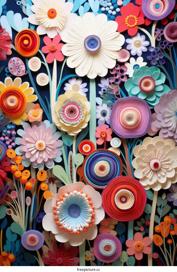 Vibrant and colorful paper flower garden with intricate details and patterns