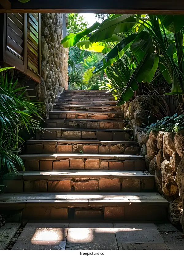 Stone Steps Leading to Tropical Garden