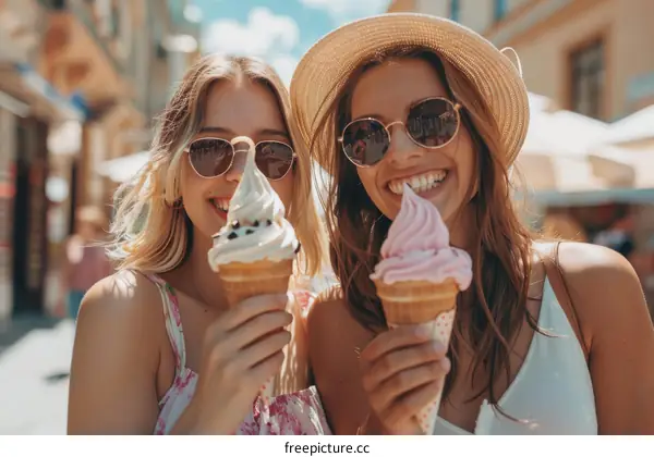 Two young women eating ice cream on a hot summer day