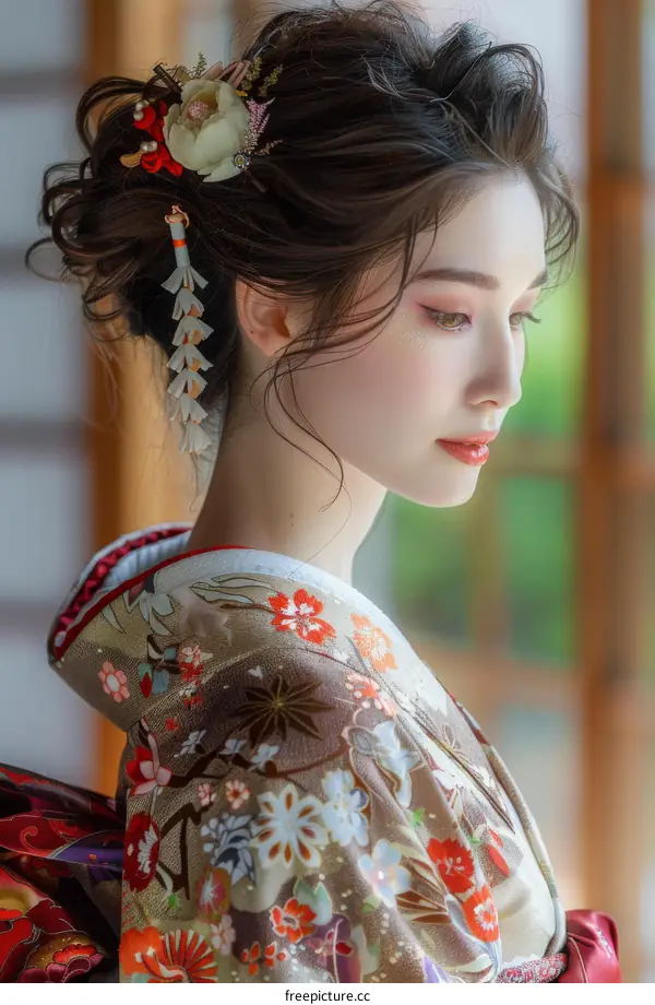 Elegant Japanese Geisha Woman in Traditional Kimono