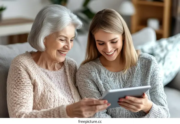 Grandmother and Granddaughter Sharing a Tablet