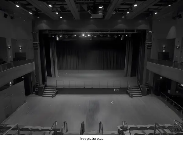 Empty Stage with Black Curtains and Seats in Auditorium