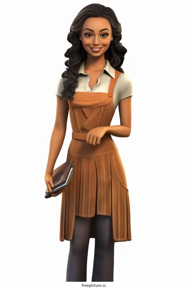 Portrait of a smiling young woman of color with long brown hair wearing a brown apron over a white blouse