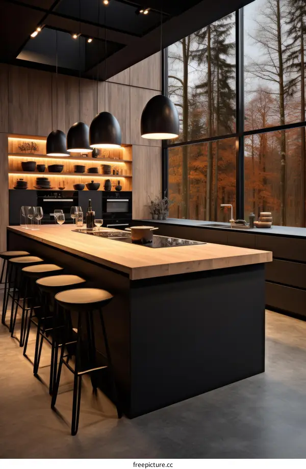 Modern Kitchen Interior Design with Black Cabinets and Wooden Countertops