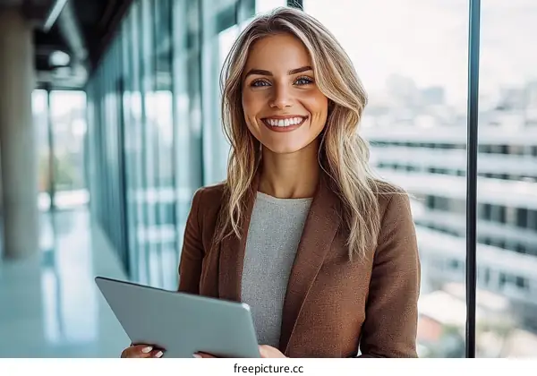Confident Businesswoman Holding Tablet in Modern Office