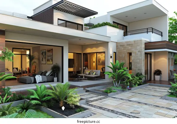 Modern House Exterior Design with Courtyard and Lush Garden