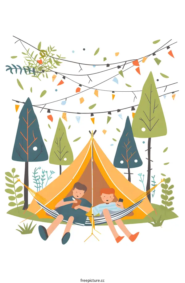Two Boys Relaxing in a Hammock in a Campsite
