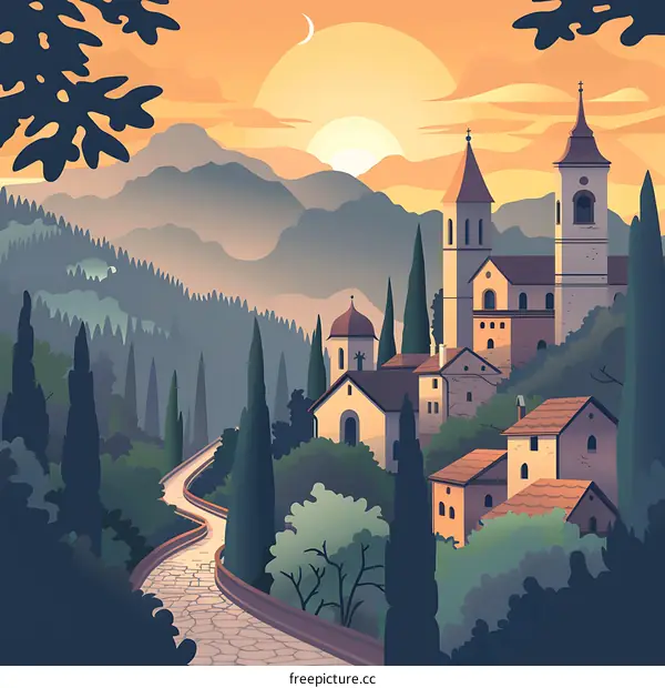 Sunset Landscape with Medieval Buildings in a Small Village