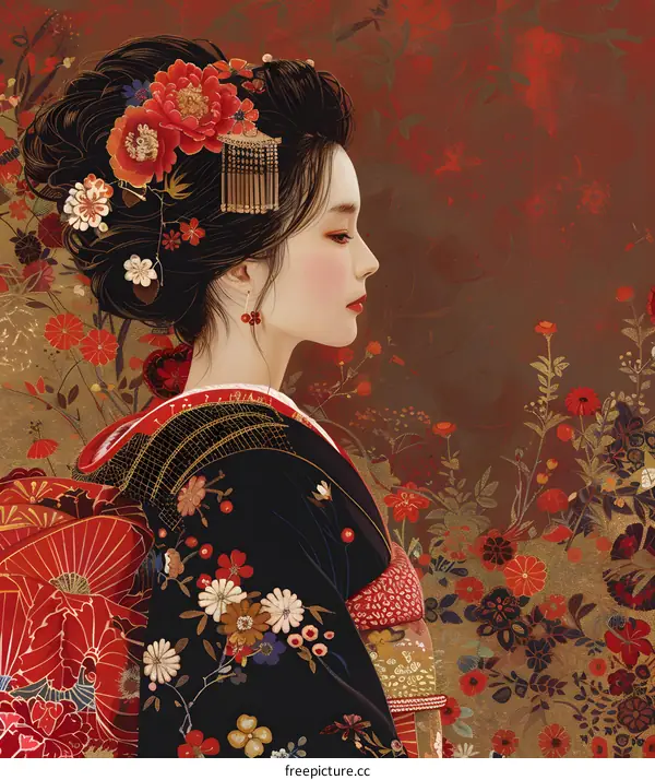 An illustration of a Japanese woman wearing a kimono with a floral pattern and a red fan in her hair