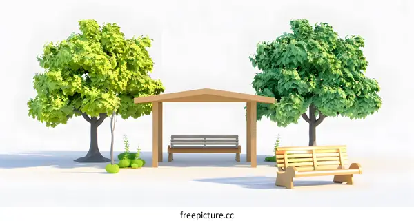 3D Rendered Illustration of a Park Bench with Trees and a Pergola
