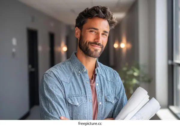 Confident Caucasian Male Architect Holding Plans