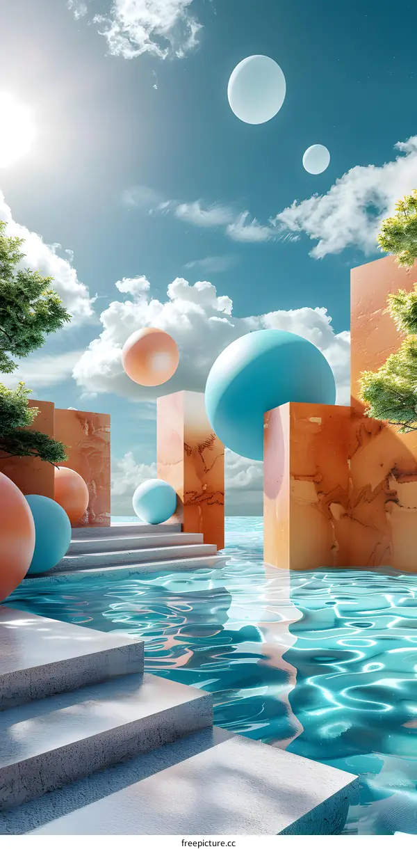3d rendering of surreal architecture with geometric shapes and floating spheres