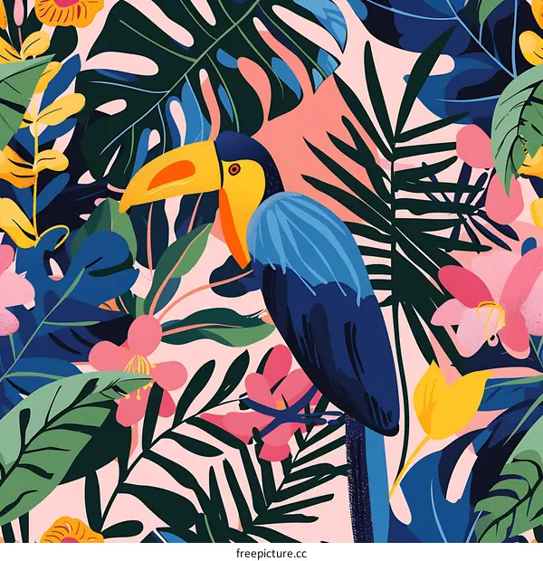 Tropical Toucan Illustration with Floral and Leafy Design