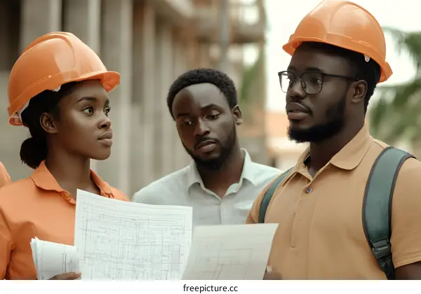 African American Construction Workers Looking At Blueprint