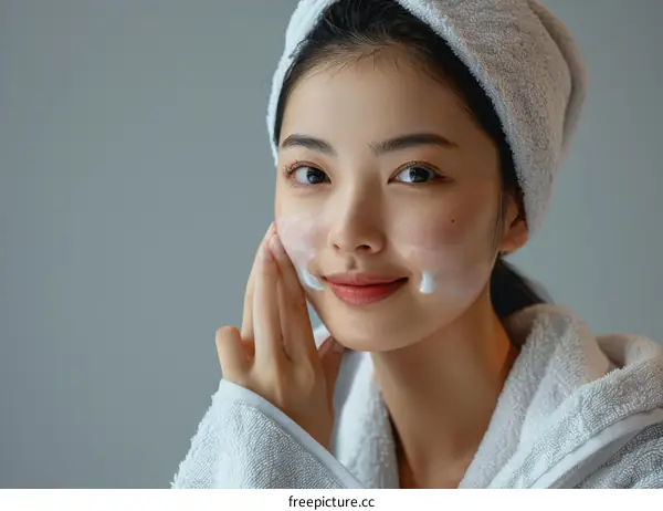 Asian woman applying facial cream