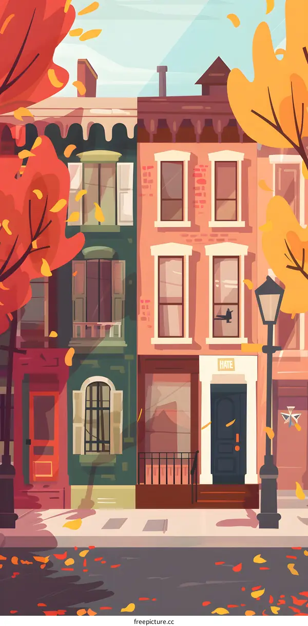 Autumn Scene with Row of Colorful Houses and Falling Leaves
