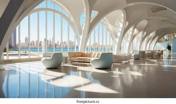 Modern interior of a luxury hotel lobby with large windows and curved white walls