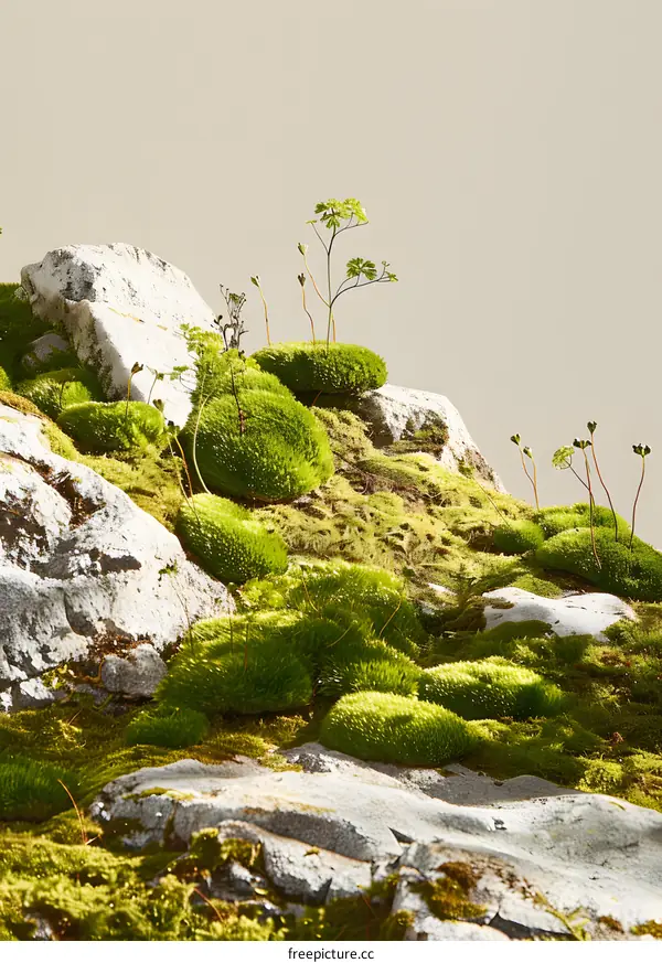 Green Moss On Rocks With Beige Background