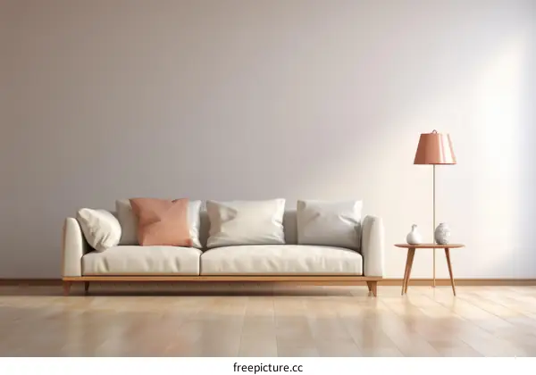 A sofa in a living room with a pink pillow and a floor lamp