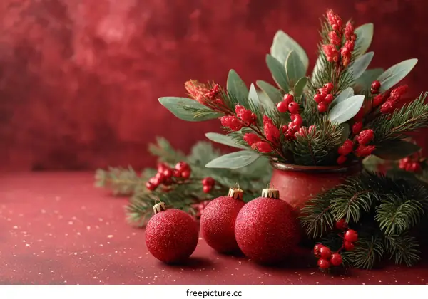 Christmas Decoration Arrangement on a Red Background