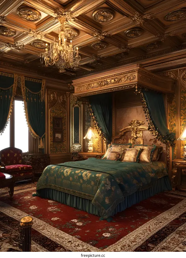 Luxurious Bedroom Interior Design with Golden Accents and Ornate Details