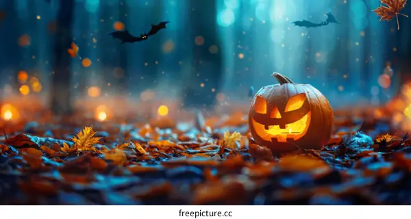 Spooky Halloween Pumpkin and Bats in the Dark Forest