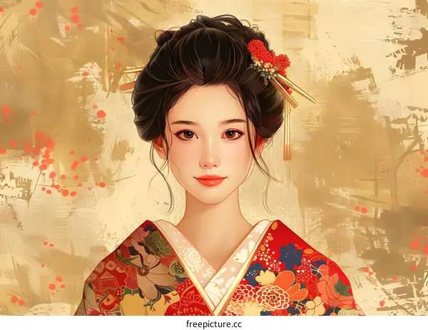 An illustration of a beautiful Japanese woman wearing a kimono with a red background