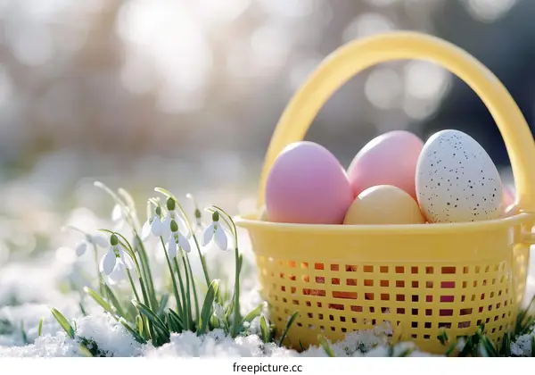 Easter Eggs in a Yellow Basket in Spring Snow