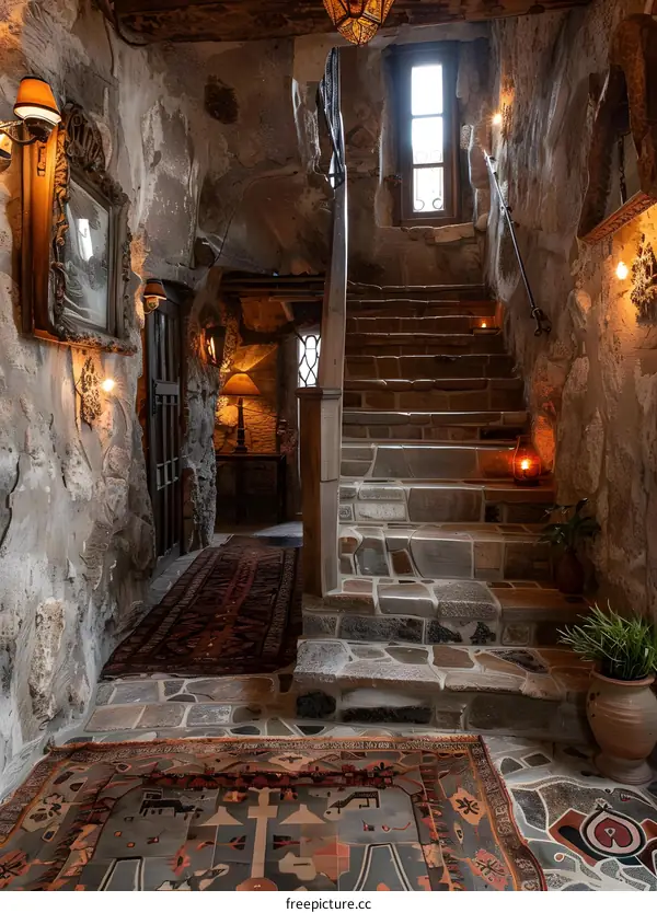 Stone Staircase Interior Design With Stone Walls And A Wooden Handrail