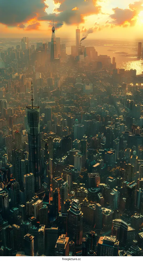 Aerial View of a Cityscape at Sunrise