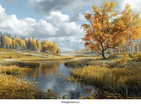 Autumn Mountain Landscape with River and Trees