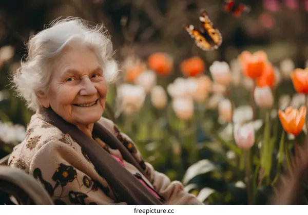 An elderly woman is sitting in a garden smiling at a butterfly