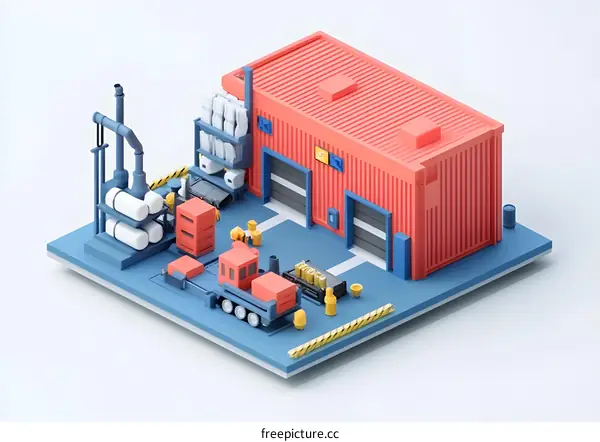 3D Illustration of a Red Warehouse with Industrial Equipment