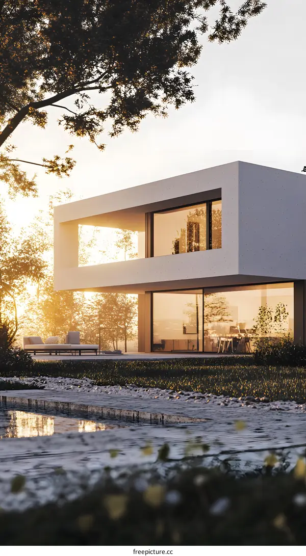 Modern White House with a Pool and Garden in the Sunset