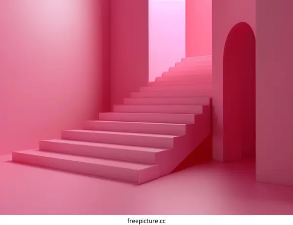 Pink staircase with arch doorway in a minimal pink room