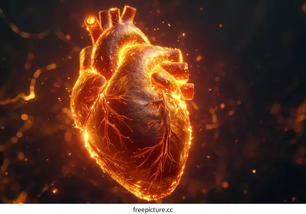 A 3D illustration of a human heart made of fire