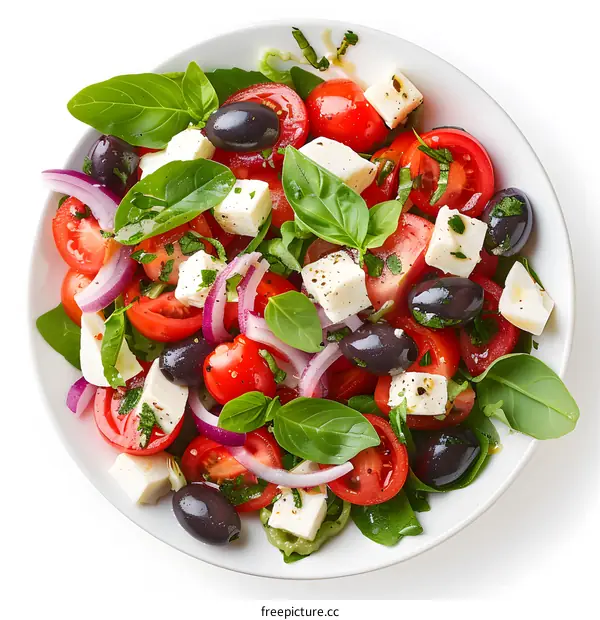Top view of fresh salad with tomatoes, mozzarella, olives, red onion and basil leaves