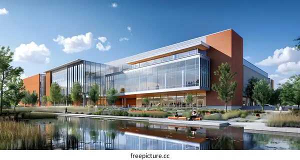 A modern office building with a large glass facade and a reflecting pool in front of it