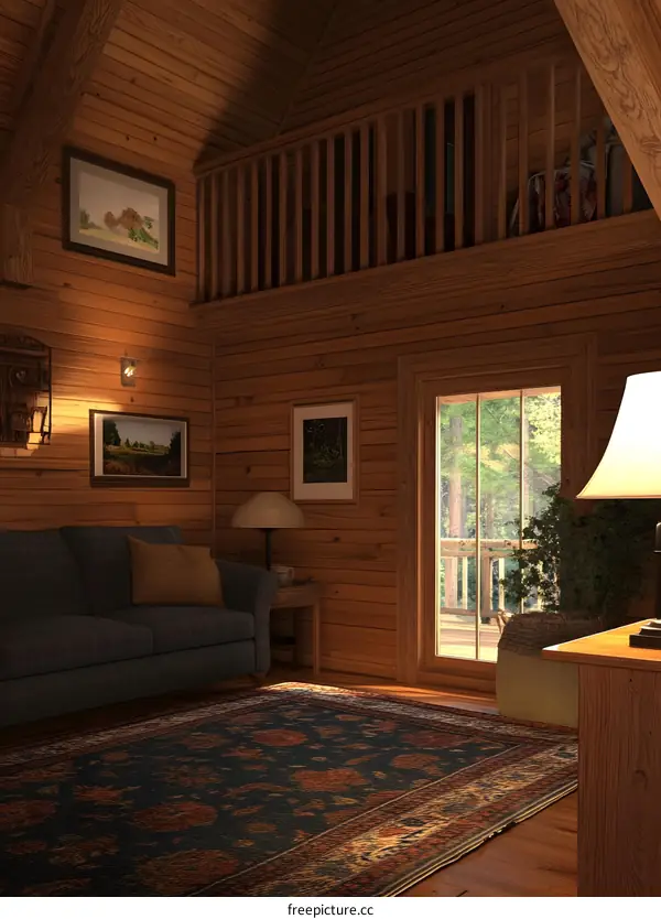 Cozy Wooden Cabin Interior Design With Sofa And Rug
