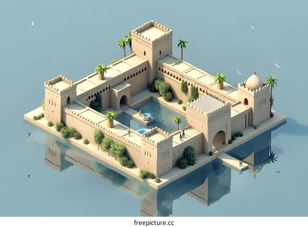 A 3D rendering of an ancient Arabian palace